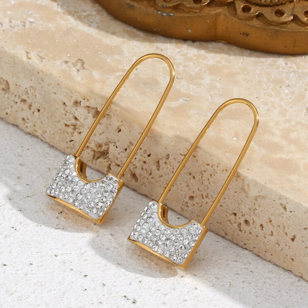 Safety Pin Lock White Zircon Dangle Earrings 18K Gold Plated Stainless - Picture 6 of 9